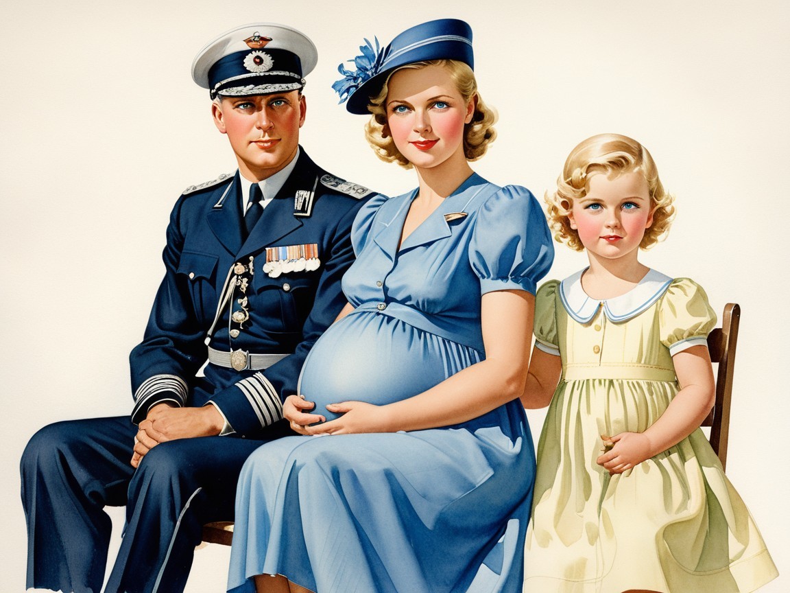 Nostalgic Family Illustration with Military Officer and Pregnant Woman