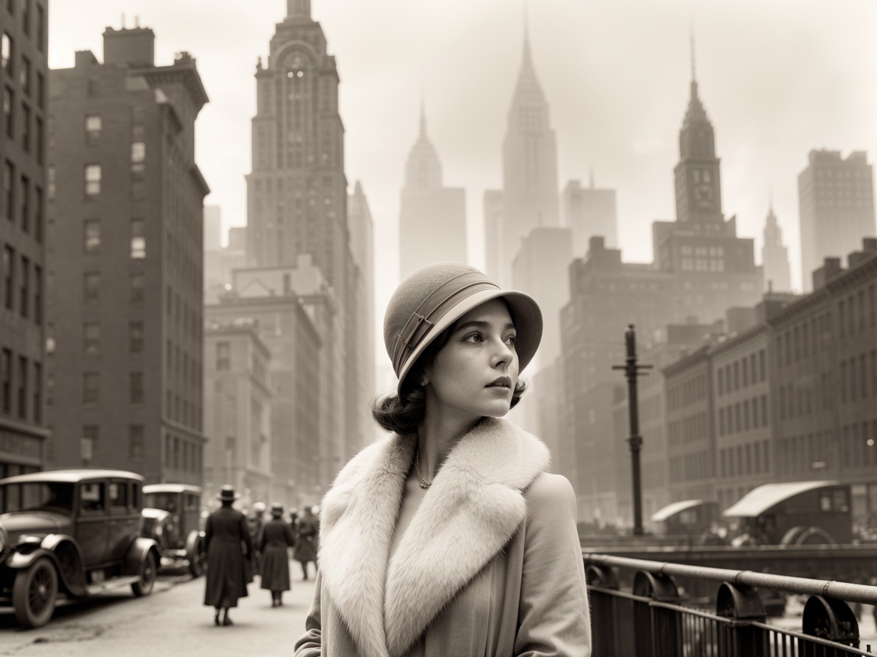 1920s Cityscape with Woman in Cloche Hat and Skyscrapers