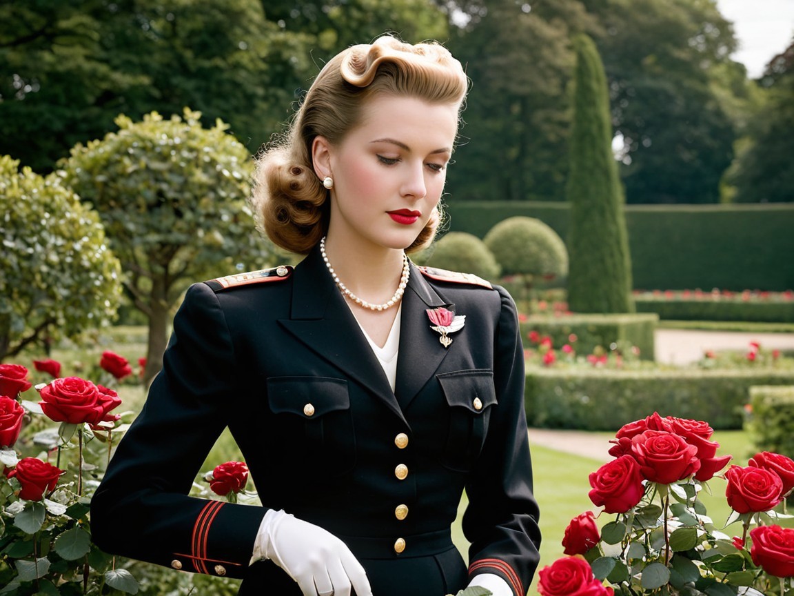 Woman in vintage military uniform in rose garden