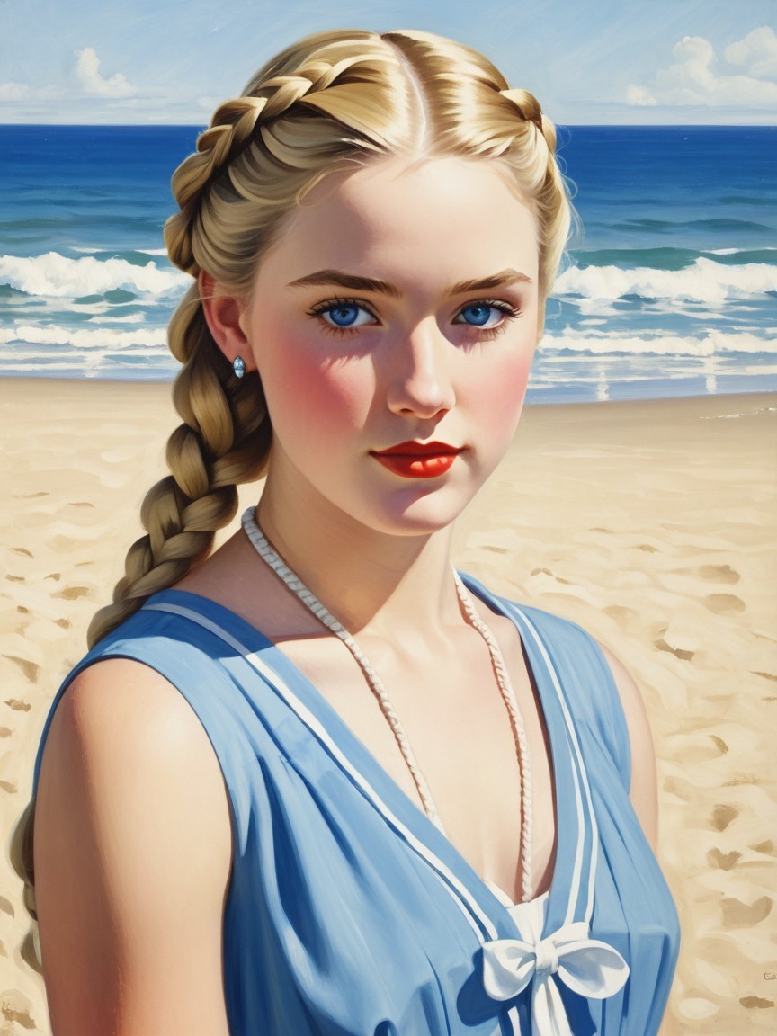 Young Woman in Blue Dress on Sandy Beach