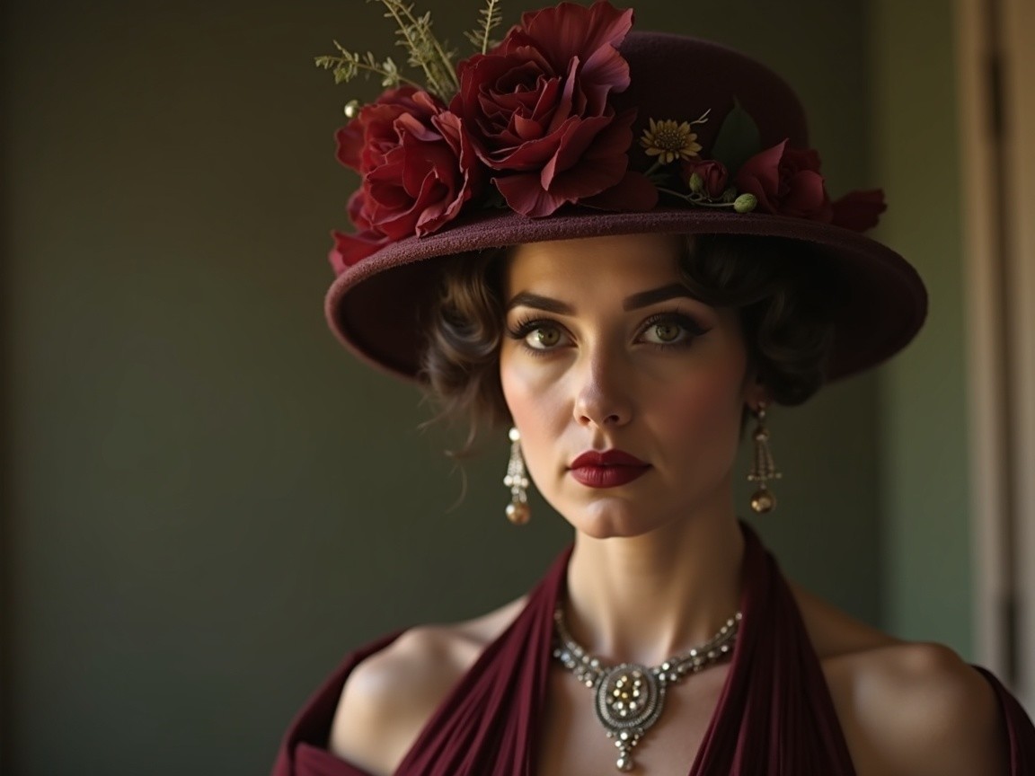 Elegant Woman in Burgundy Hat and Draped Maroon Attire