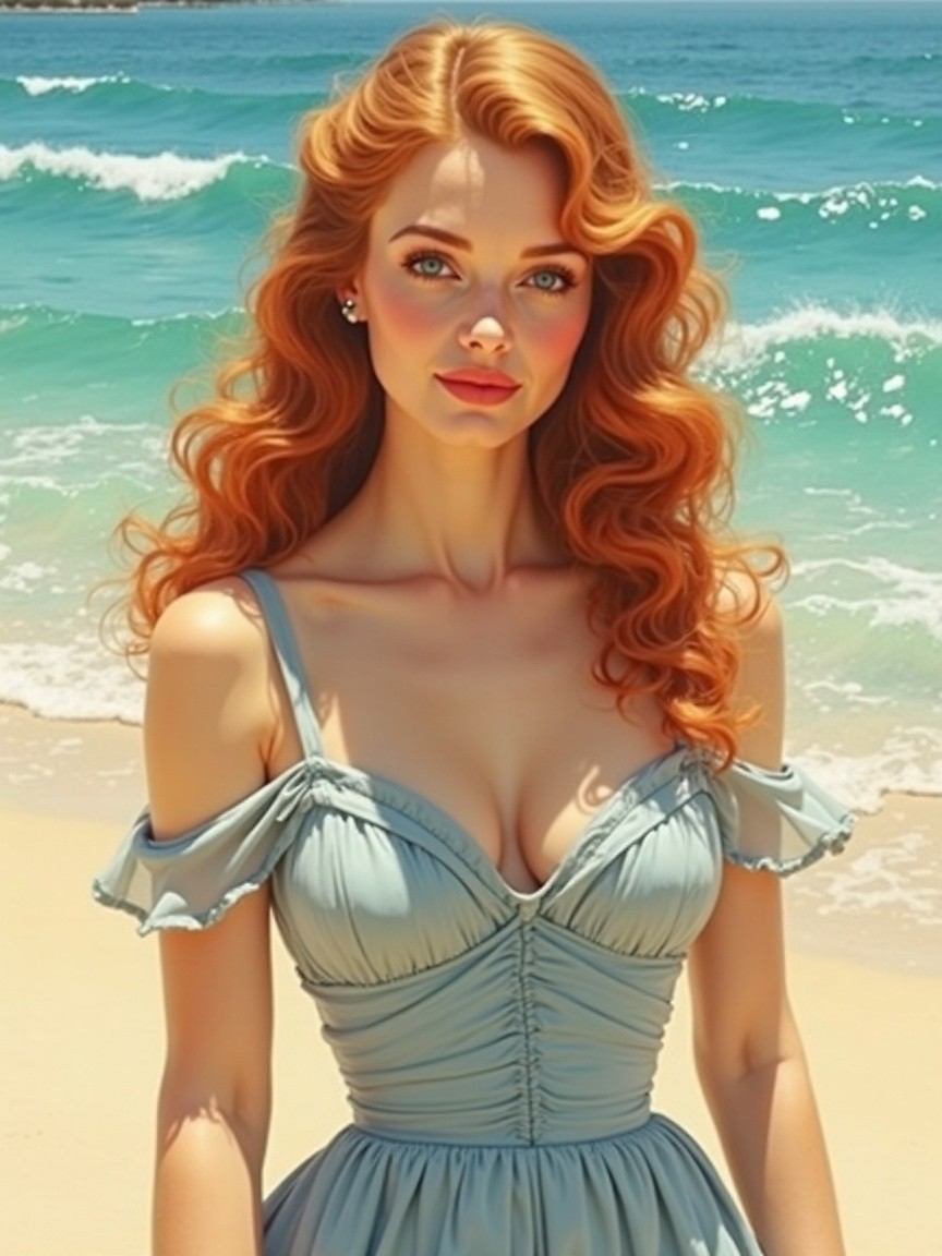 Young Woman in Light Blue Dress at Beach Scene