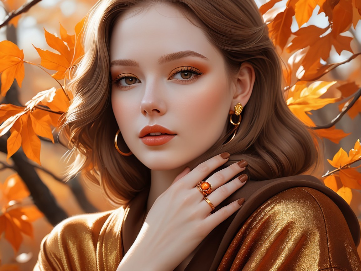 Young Woman in Golden Outfit Amid Autumn Leaves