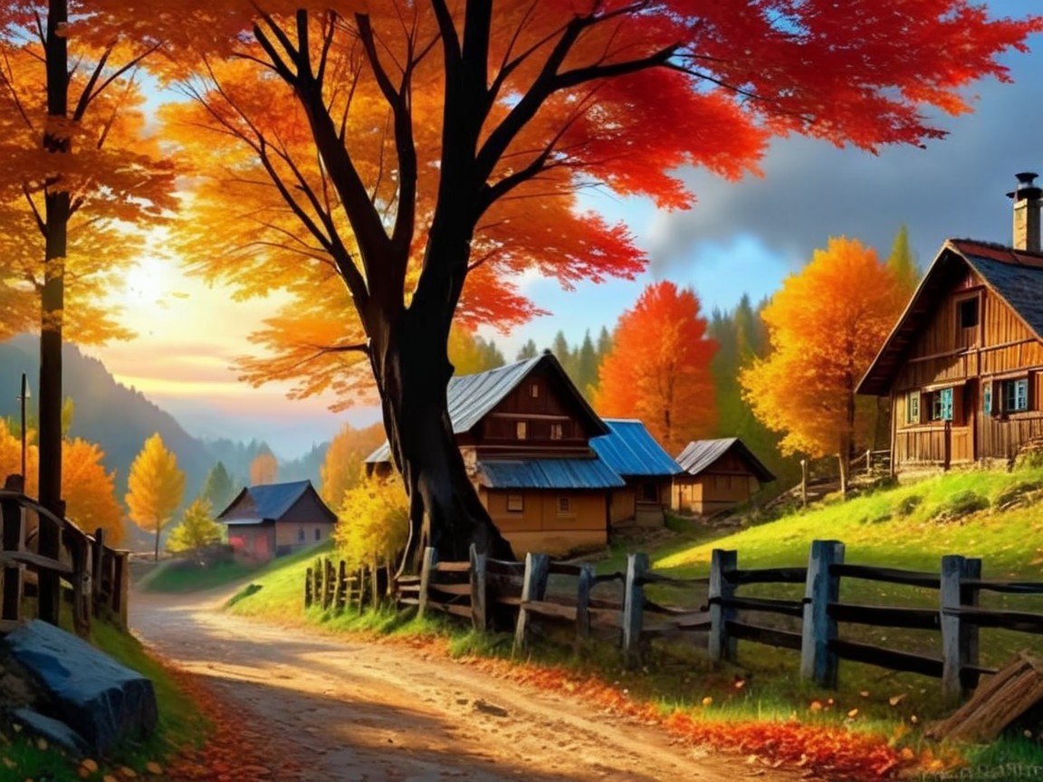 Autumn Landscape with Dirt Road and Cozy Houses