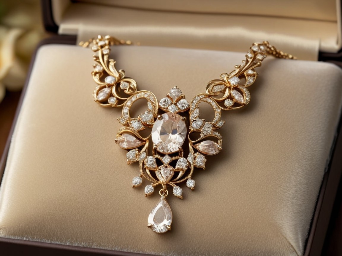 Gold Necklace with Floral Design and Rose Gemstone