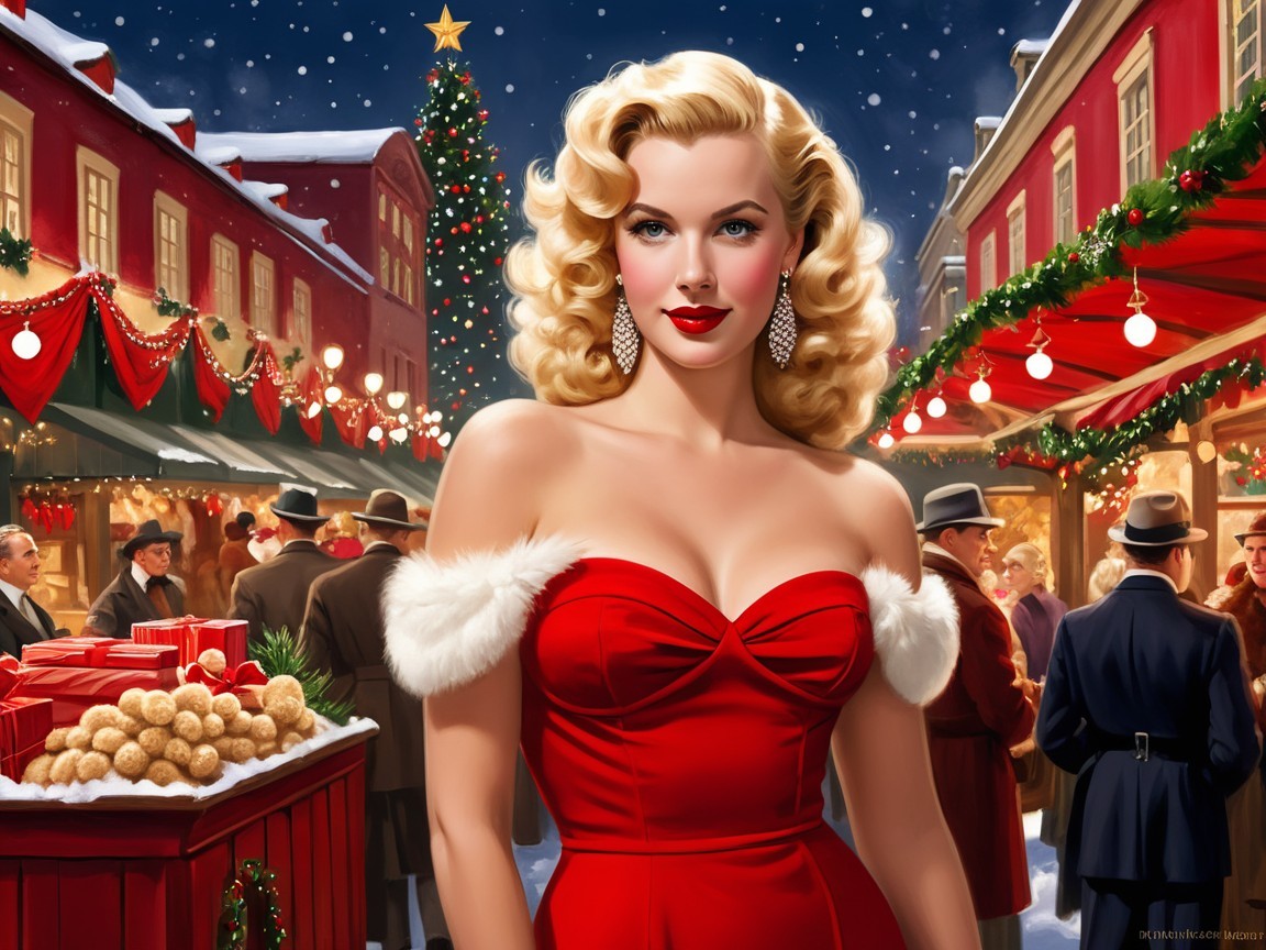 Glamorous Woman in Red Dress at Winter Market