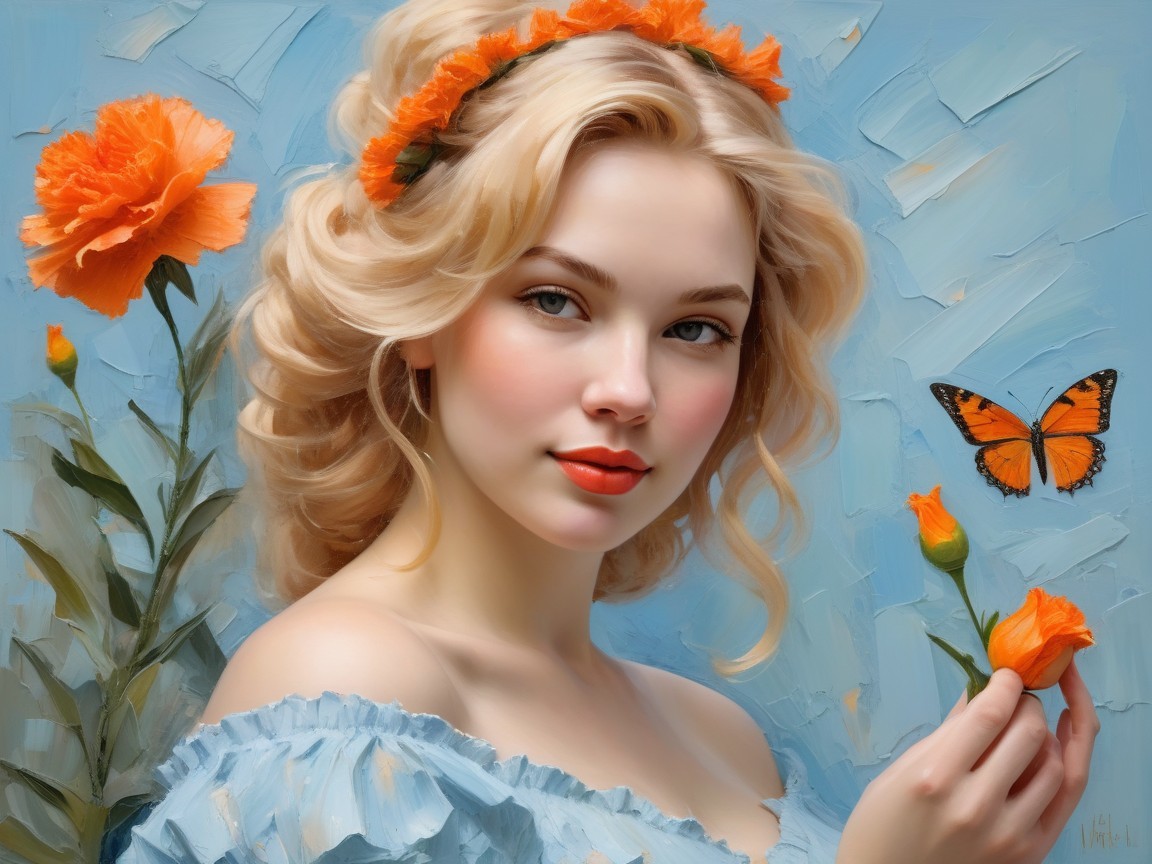 Young woman in blue dress with orange flowers and butterfly