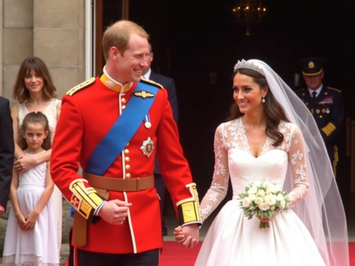 Regal Couple Exiting Grand Building in Formal Attire