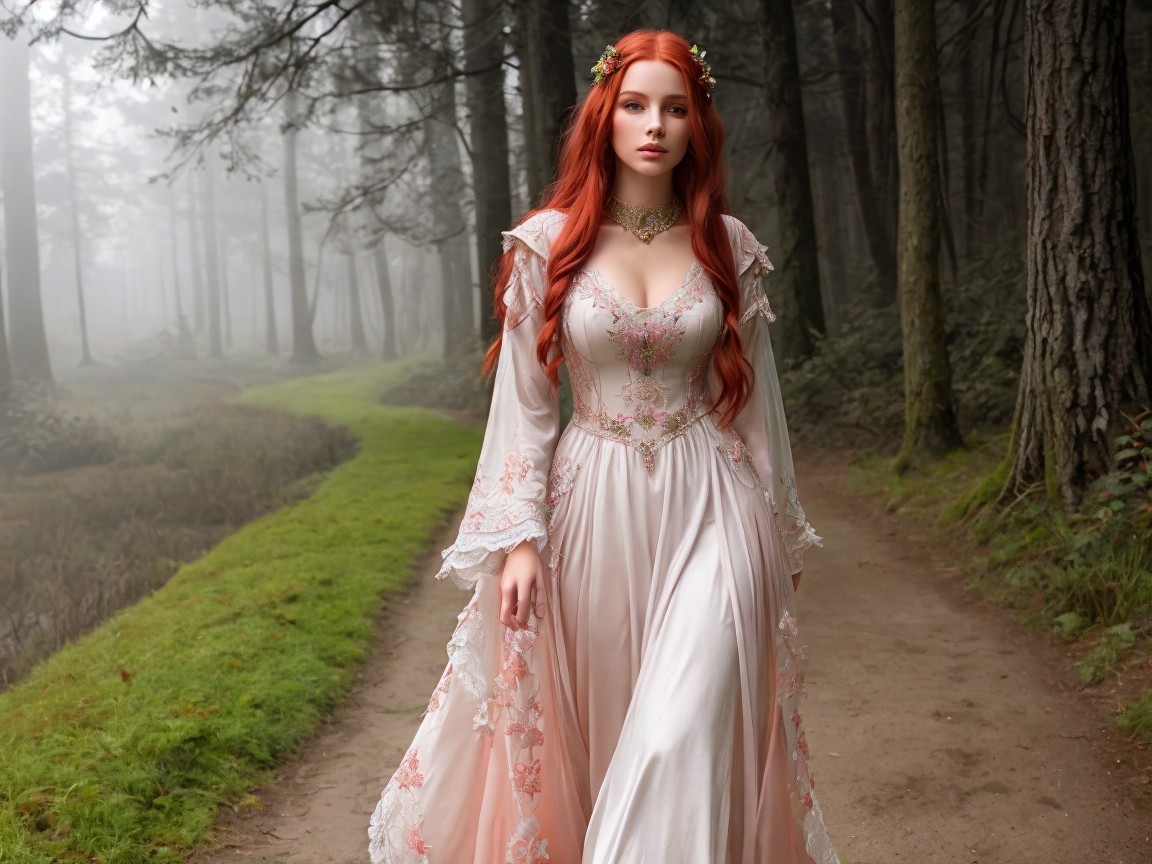 Ethereal Woman in Misty Forest Path with Floral Gown