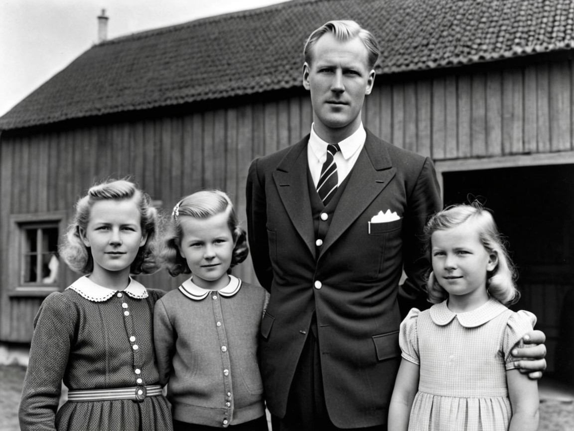 Black-and-white photo of a man with three girls
