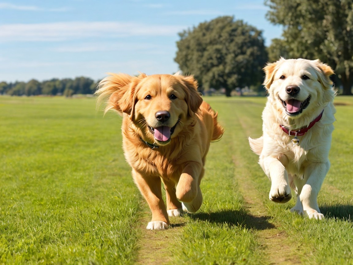Playful Golden Retrievers Running in Sunny Park