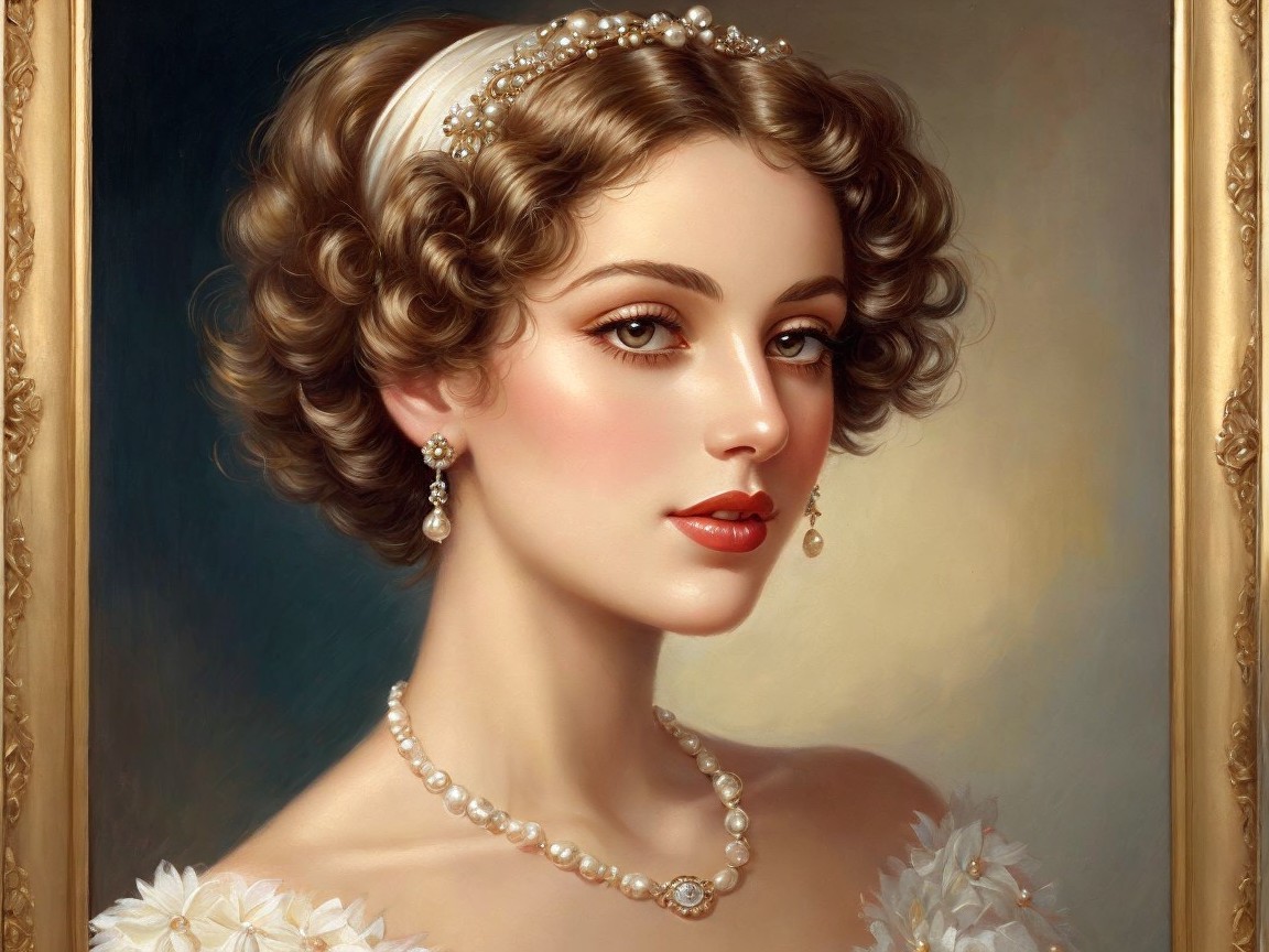 Portrait of a Young Woman with Elegant Curls and Pearls