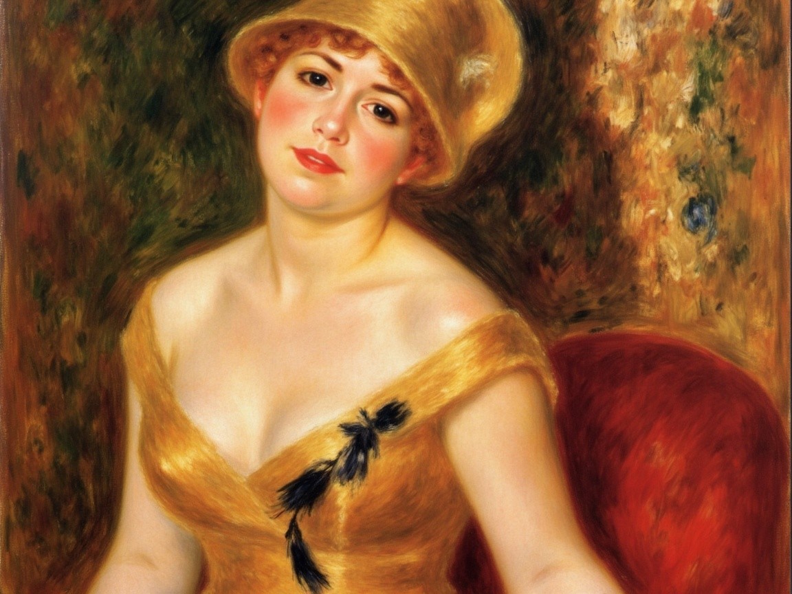 Portrait of a Woman in Yellow Dress and Golden Hat