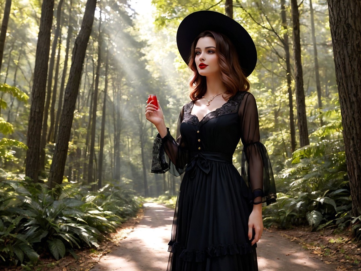 Mysterious Woman in Elegant Black Gown in Forest