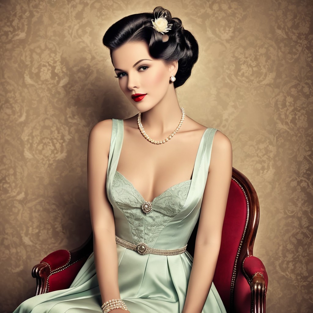 Glamorous Woman in Vintage Pastel Green Gown
