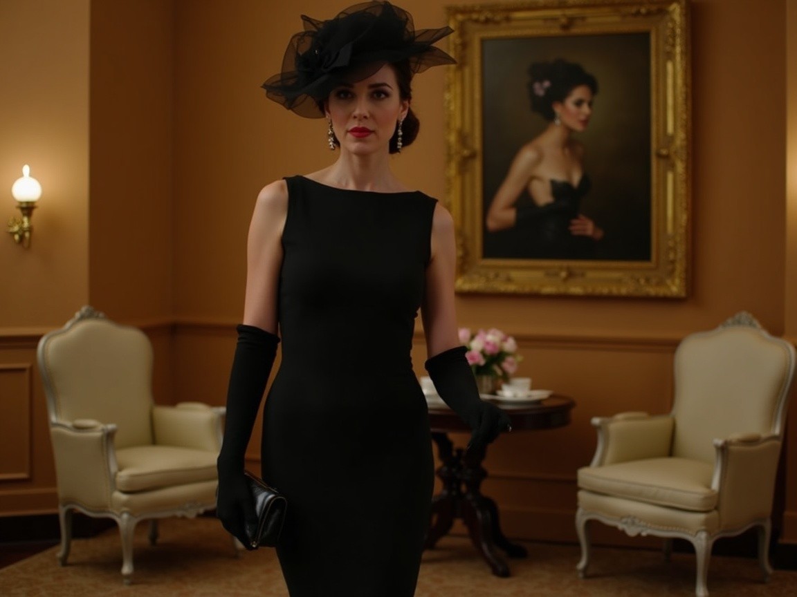 Elegant Woman in Black Dress in Lavish Room