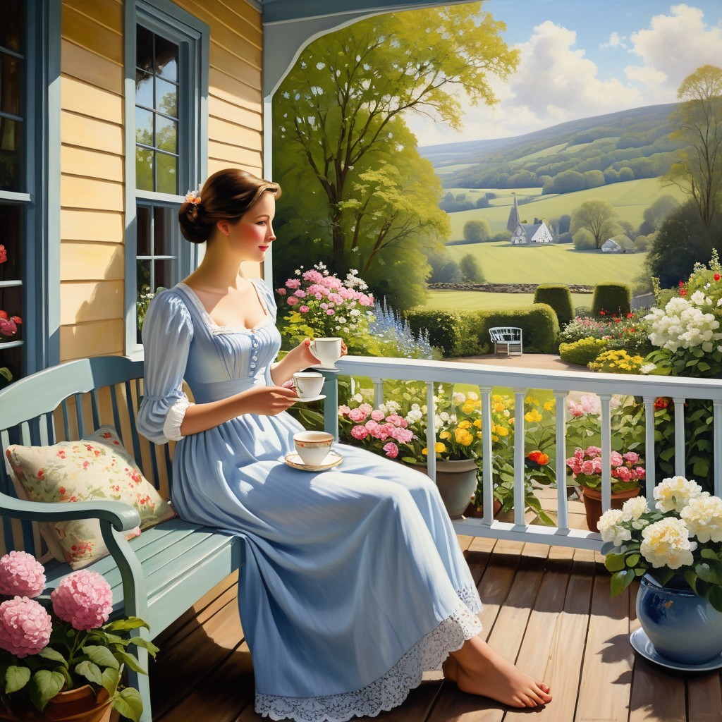Young Woman on Porch with Tea and Scenic View