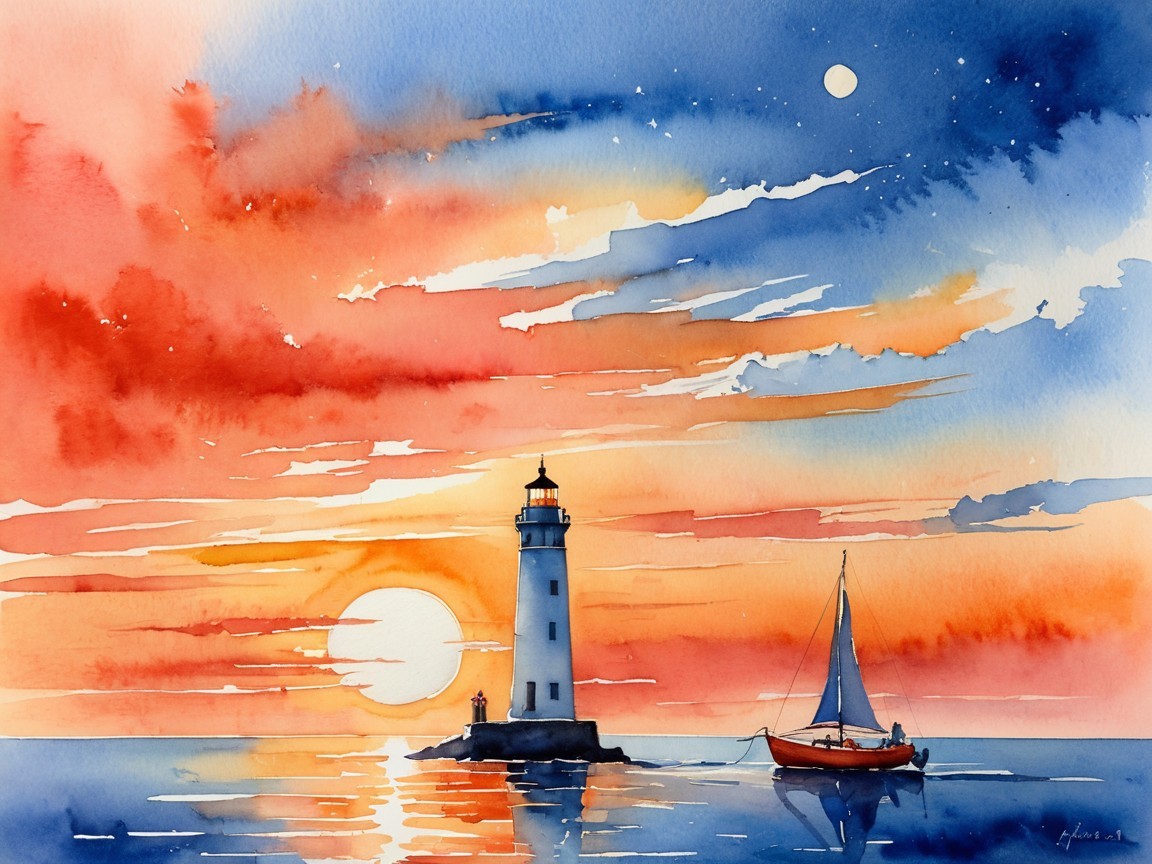 Watercolor Lighthouse at Sunset with Sailboat