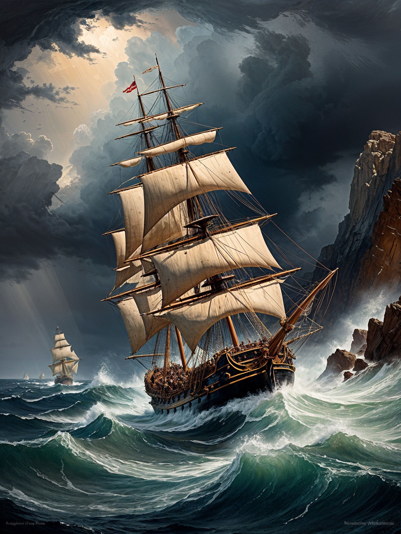 Majestic sailing ship navigating turbulent seas and cliffs