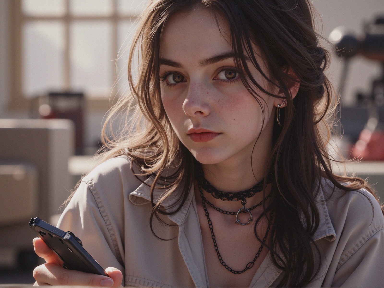 Young woman with flowing hair in a stylish setting