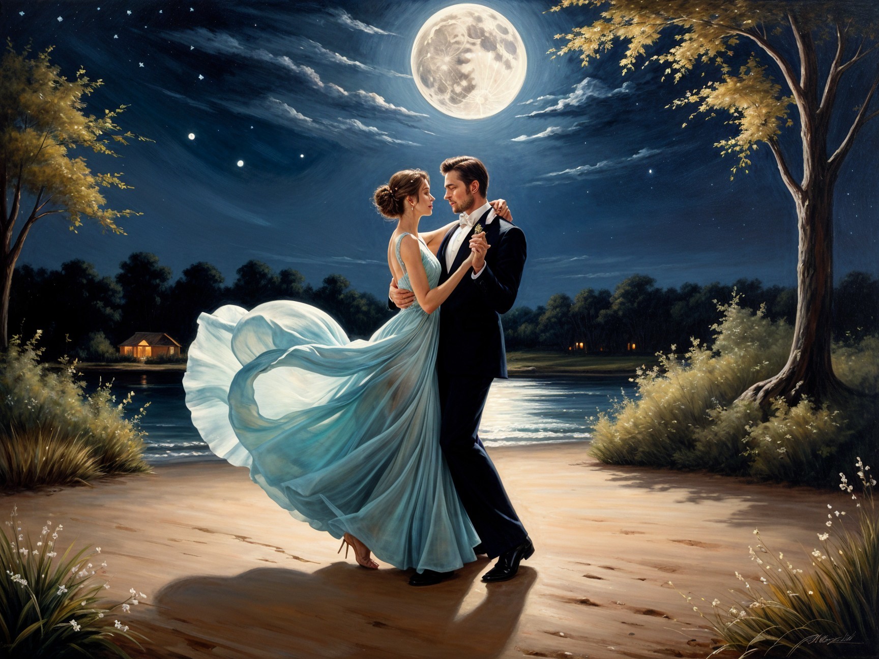 Couple Dancing Under Full Moon by Serene Lakeside