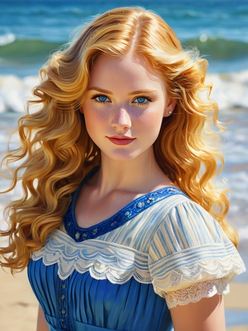 Young woman in vintage blue dress by the beach