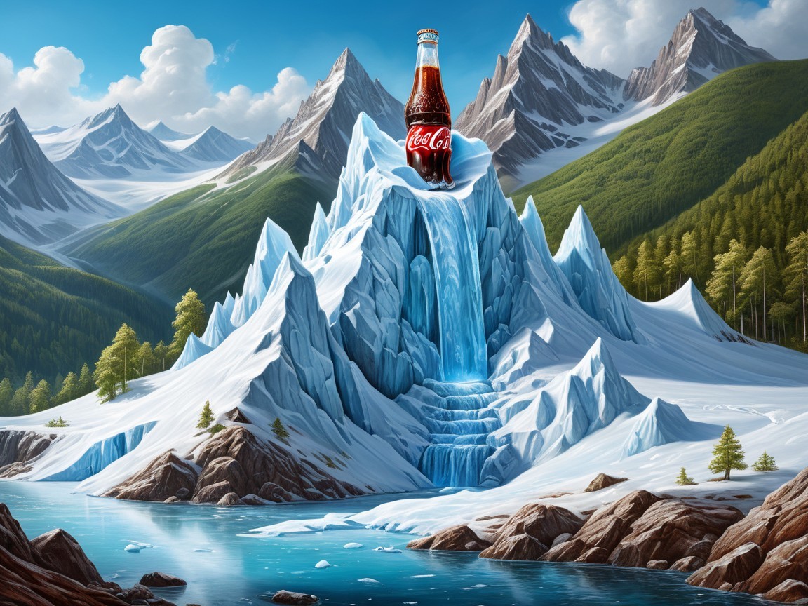 Icy Mountain Scene with Waterfall and Coca-Cola Bottle
