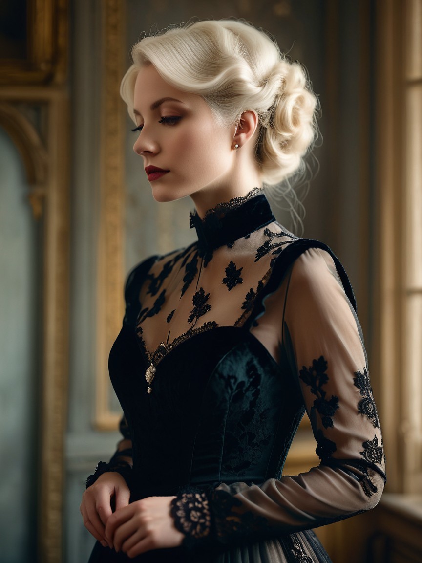 Elegant Woman in Black Gown with Regal Backdrop