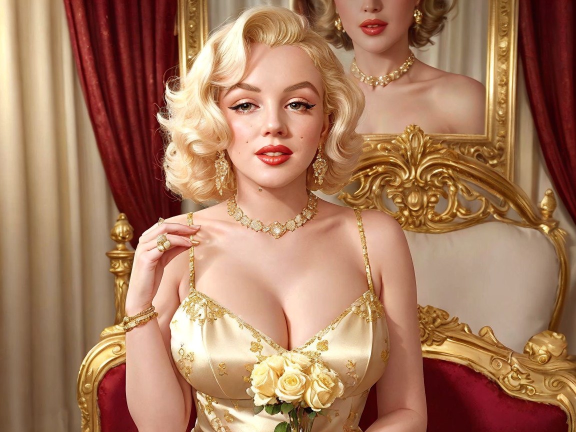 Glamorous Woman in Gold Gown with Yellow Roses