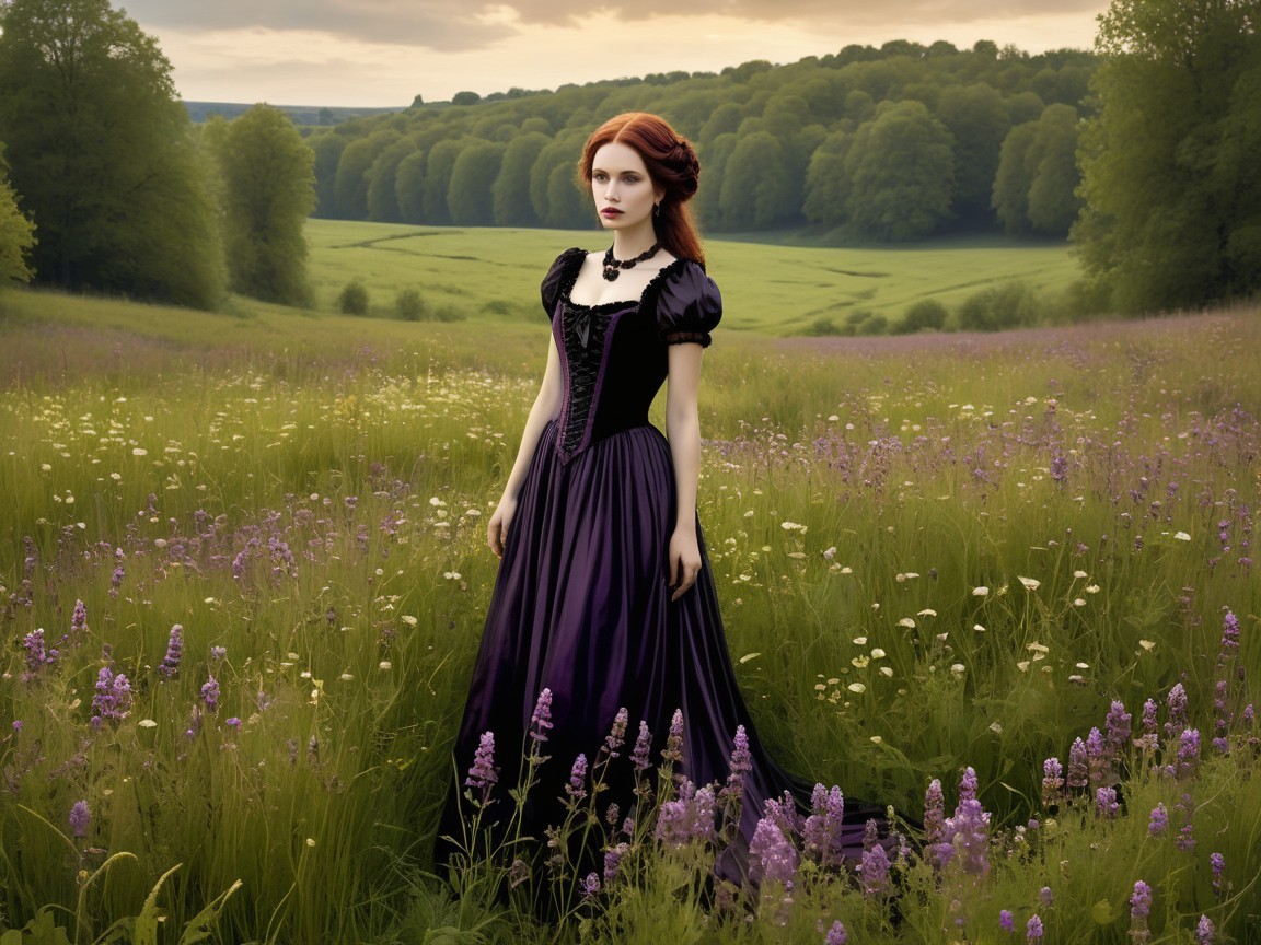 Young Woman in Dark Purple Gown in Lush Meadow
