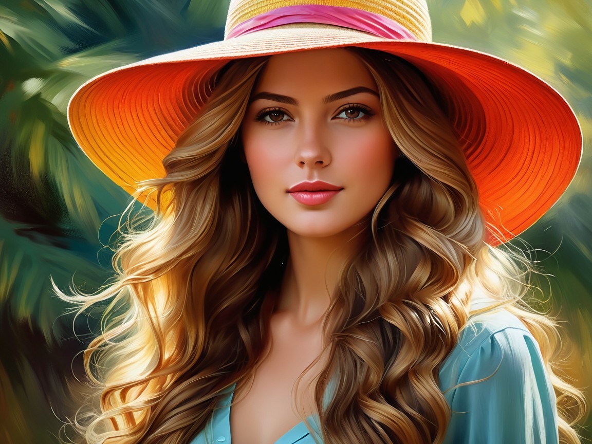 Young woman in colorful hat against green backdrop