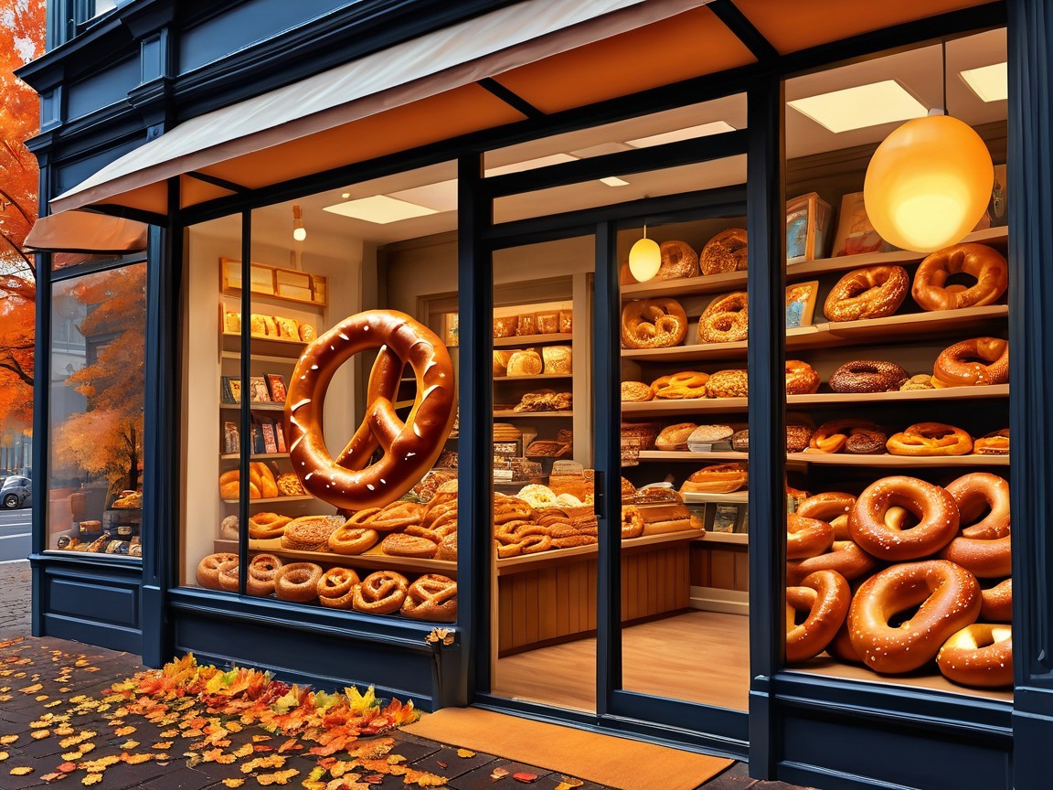 Charming Bakery Storefront with Fresh Pretzels and Bagels