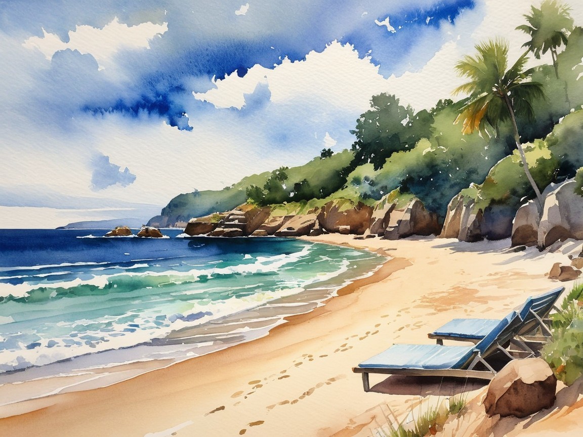 Watercolor Beach Scene with Loungers and Cliffs