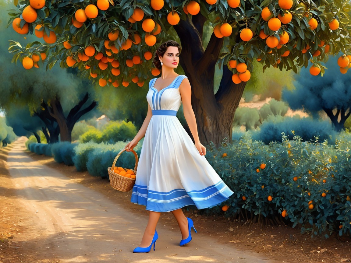 Woman in blue dress walking among orange trees