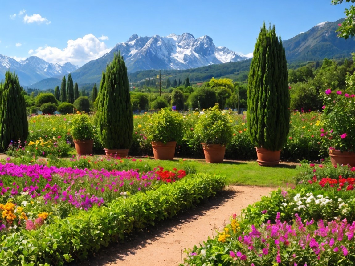 Vibrant Garden with Colorful Flowers and Mountains