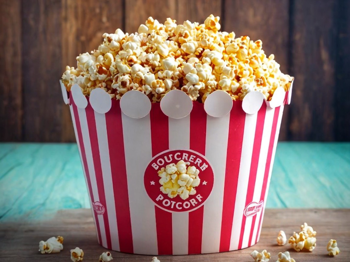 Overflowing Red and White Popcorn Bucket with Kernels