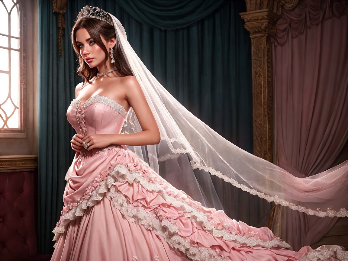 Elegant young woman in pink gown with lace details