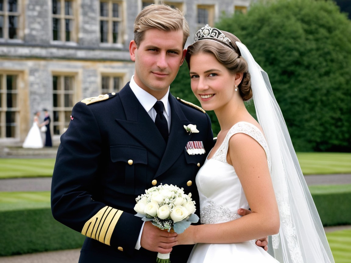 Couple in Military Uniform and Elegant Wedding Attire
