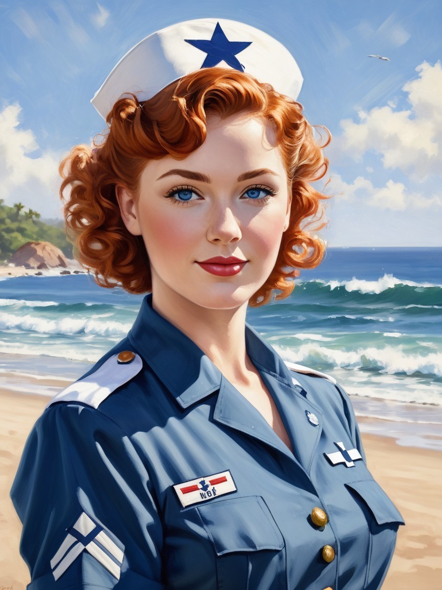 Young woman in military uniform by the beach