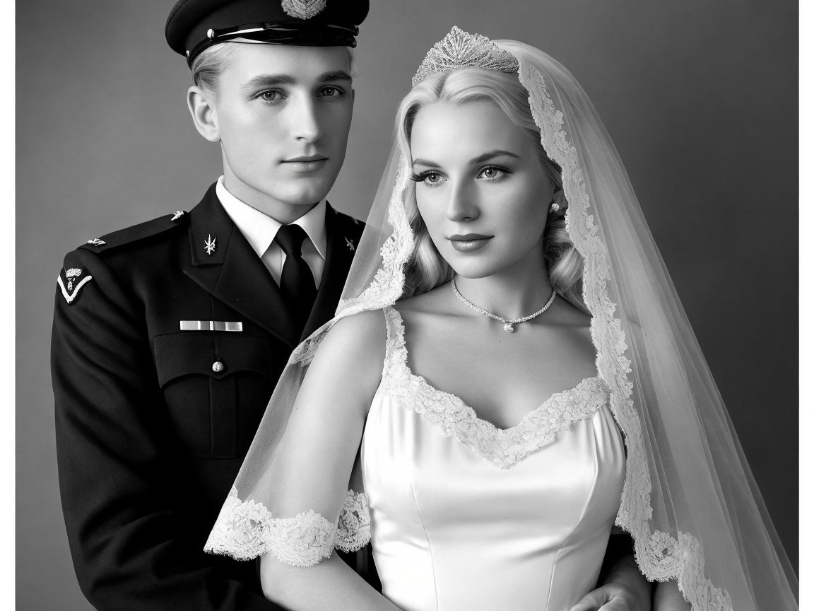 Black-and-white portrait of a couple in formal attire