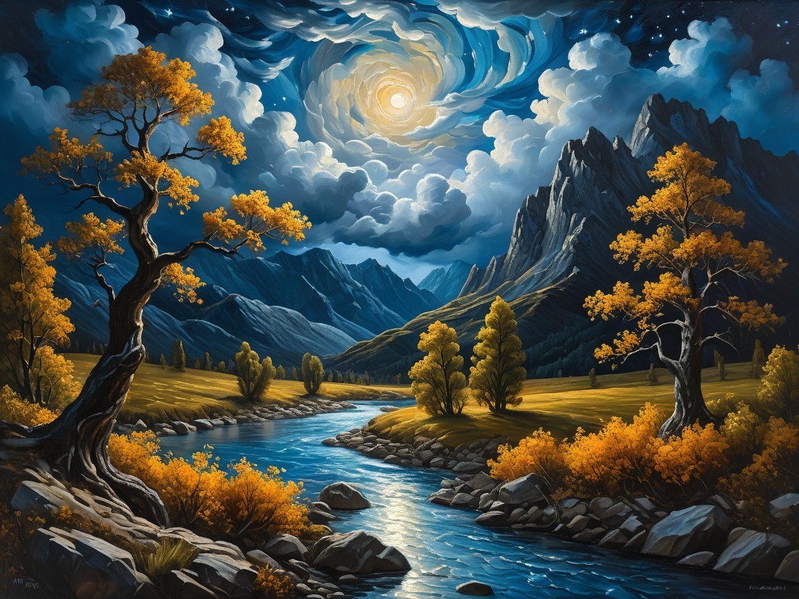 Serene Dusk Landscape with River and Autumn Trees