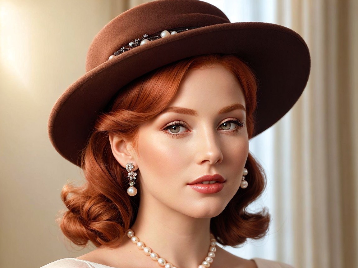 Vintage Elegance: Woman with Red Hair and Hat