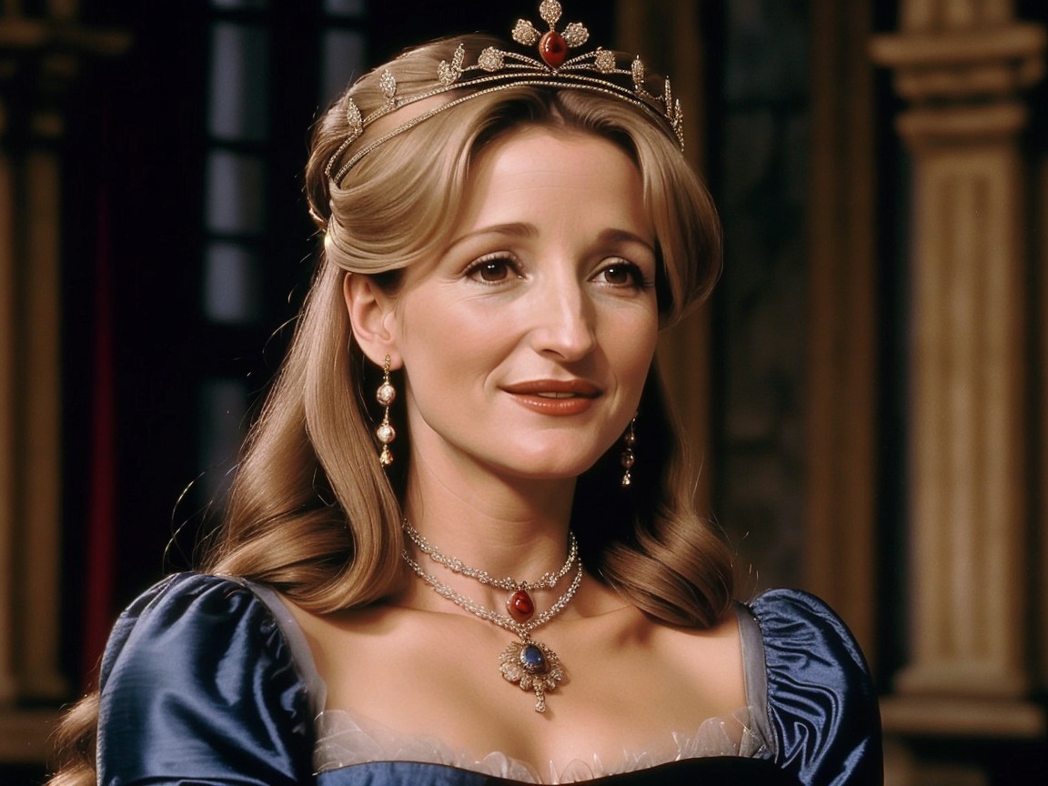 Elegantly Dressed Woman in Royal Blue Gown and Tiara