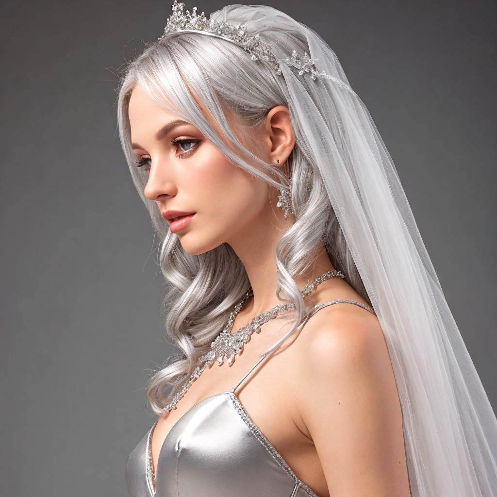 Close-Up Profile of a Bride with Silver Hair and Veil