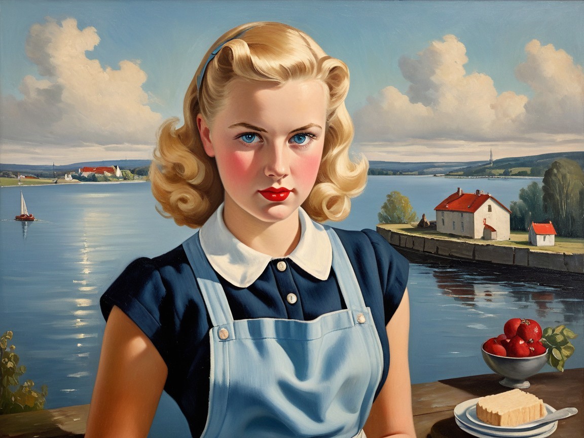 Young Woman with Apples and Cake in Serene Landscape