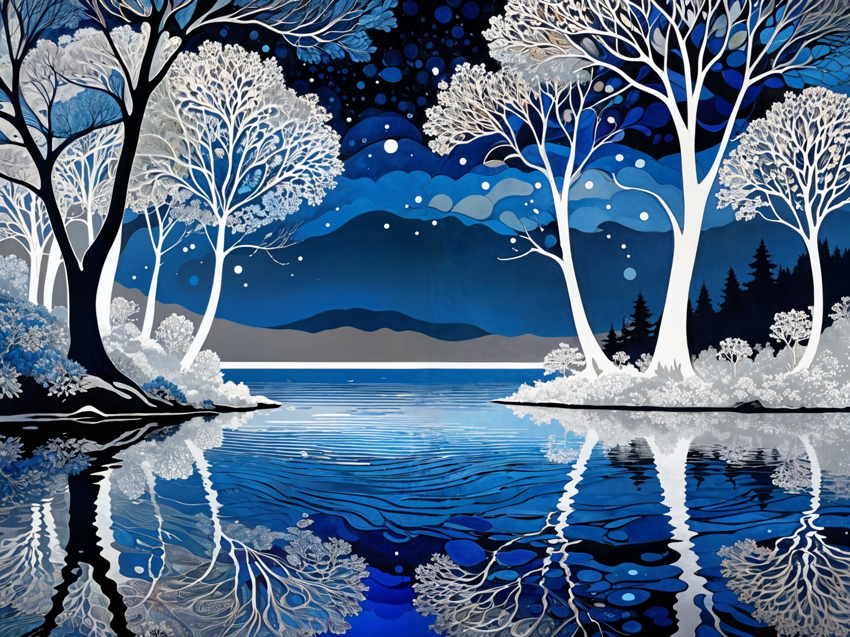 Winter Landscape with White Trees and Night Sky