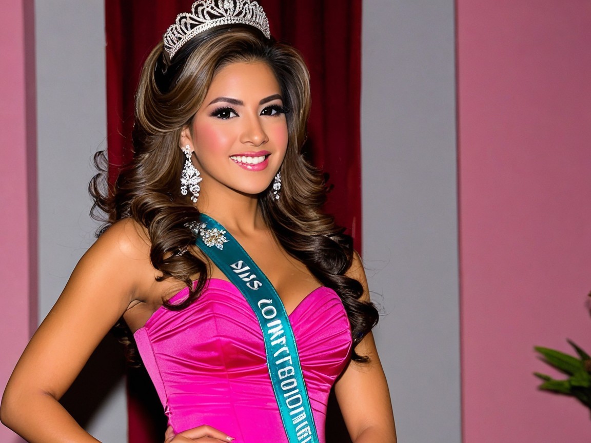 Young woman in pink gown with tiara and sash