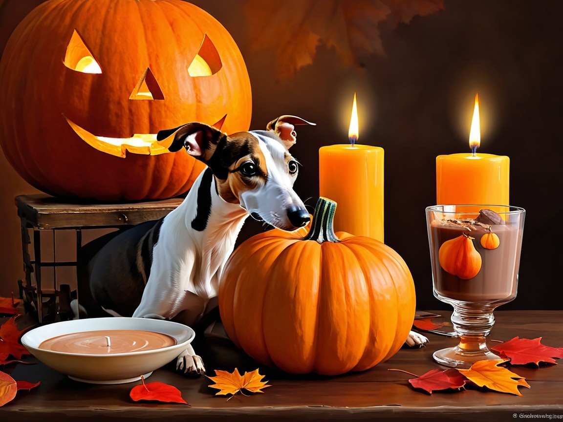 Playful Dog by Carved Pumpkin with Autumn Decor