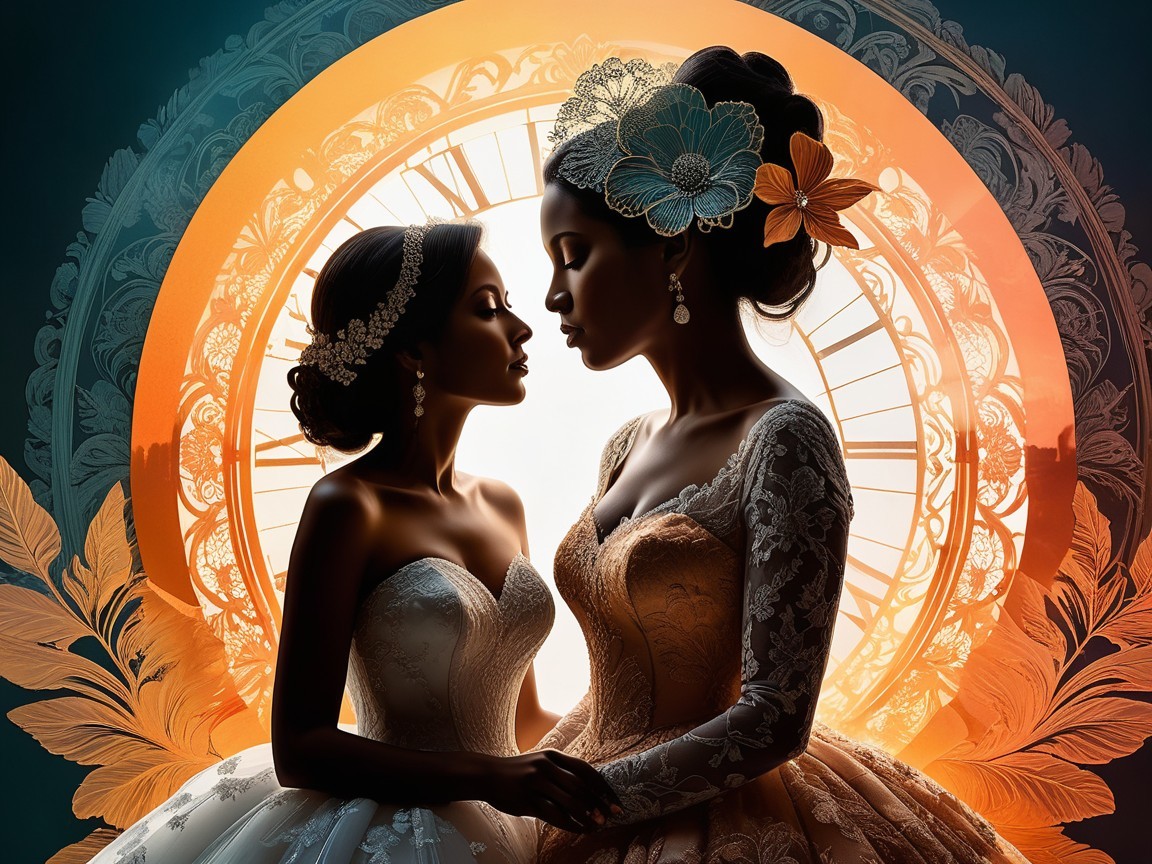 Silhouetted Brides Against a Clock Backdrop