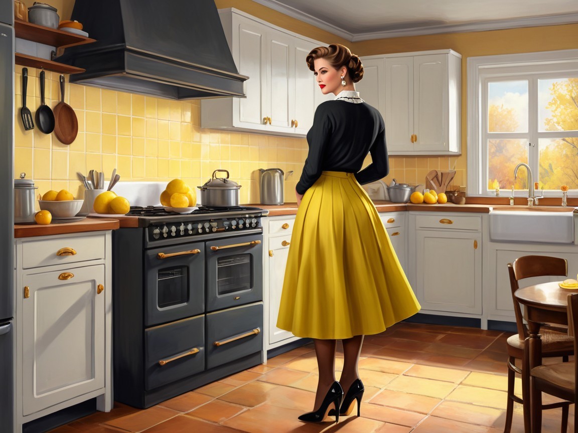 Vintage-Inspired Kitchen with Stylish Woman and Sunlight